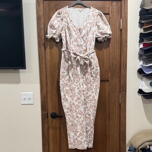 Floral Puff-Sleeve Denim Jumpsuit